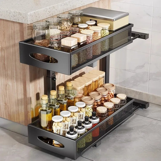 Pull-out Double-layer Lath Drawer Kitchen Cabinet Spice Jar Pull-out Basket Retractable Storage Rack